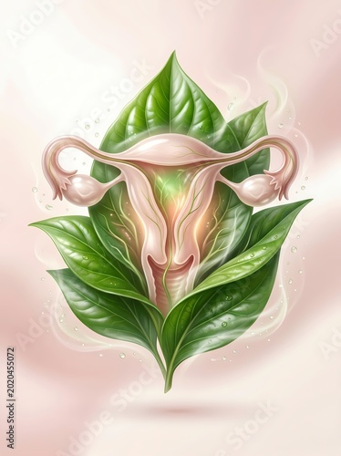 Uterus surrounded by green leaves symbolizing natural health and wellness