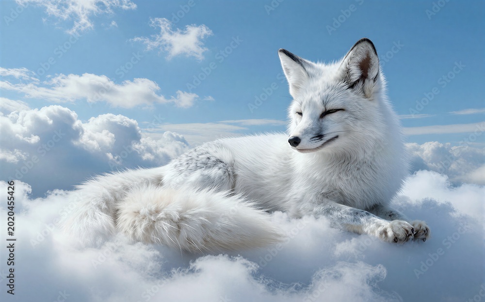 Fototapeta premium White fox rests peacefully atop fluffy clouds under a bright blue sky.