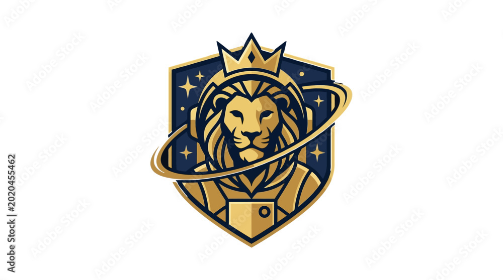 Obraz premium Cosmic Lion Astronaut Emblem with Futuristic Neon Space Helmet Design