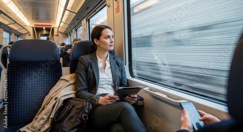 Thoughtful businesswoman commuting by train, looking out the window during her journey.