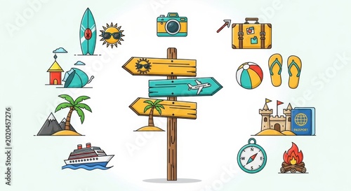 Travel and Adventure Icons Collection with Directional Signpost.