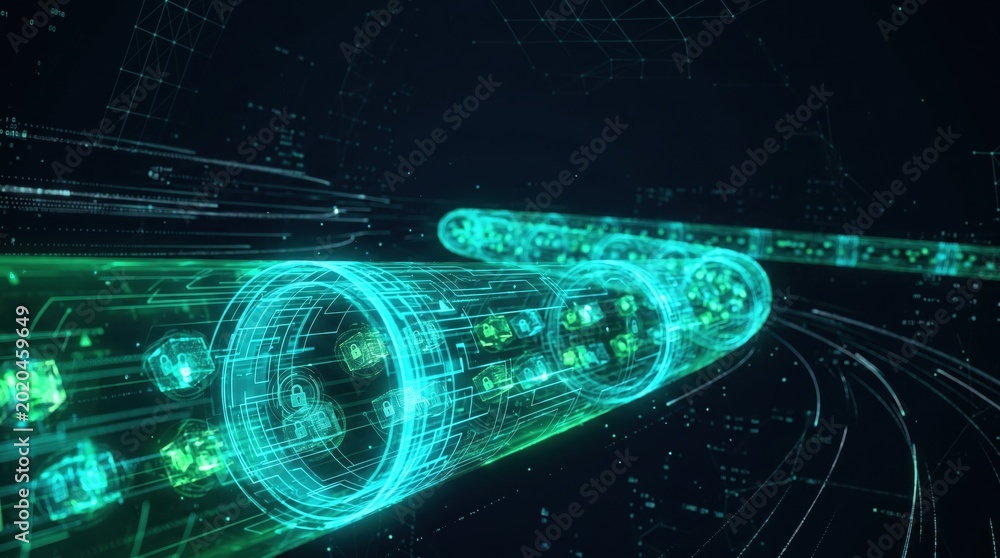 Fototapeta premium Futuristic vpn tunnel visualization with glowing blue circuits and nodes on a dark background representing secure online connections and data encryption