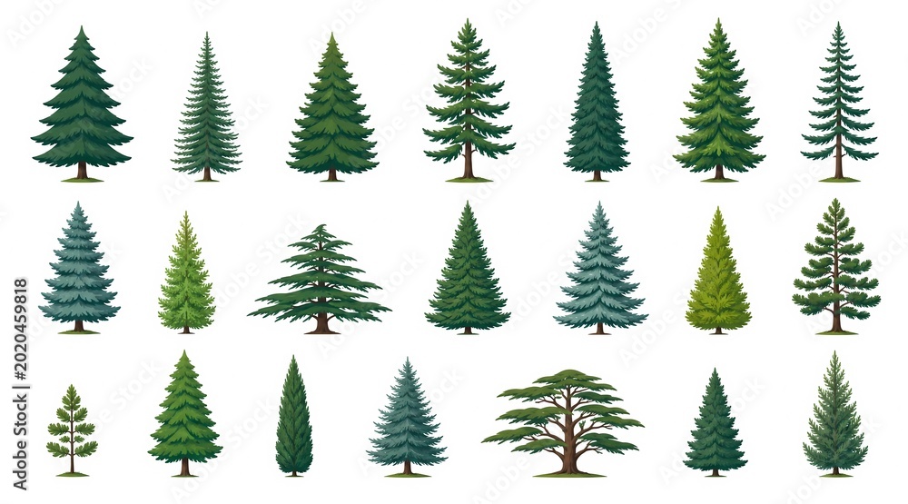 Obraz premium Collection of various evergreen coniferous trees, including pine, spruce, cedar, and fir, in a flat vector style isolated on a white background. Great for nature, forest, and Christmas-themed designs.