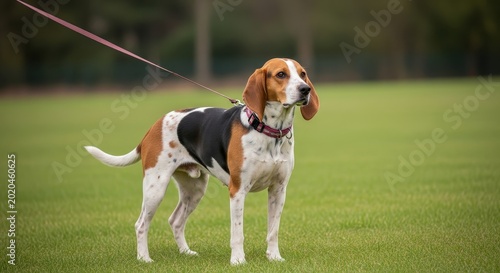 Tricolor Hound Dog on Leash in Green Field.