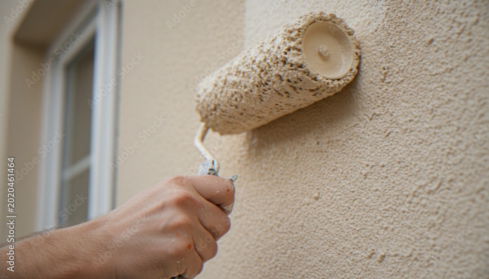 Εκτύπωση καμβά A close-up of a person's hand using a paint roller to apply beige textured paint onto an outdoor wall