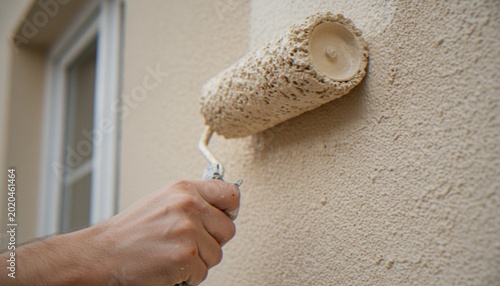 Photos A close-up of a person's hand using a paint roller to apply beige textured paint onto an outdoor wall