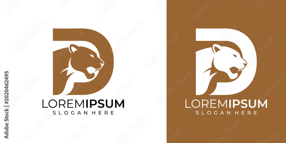 Fototapeta premium Modern logo design featuring a stylized panther head integrated with a letter D, presented in two contrasting color schemes for versatile branding applications.