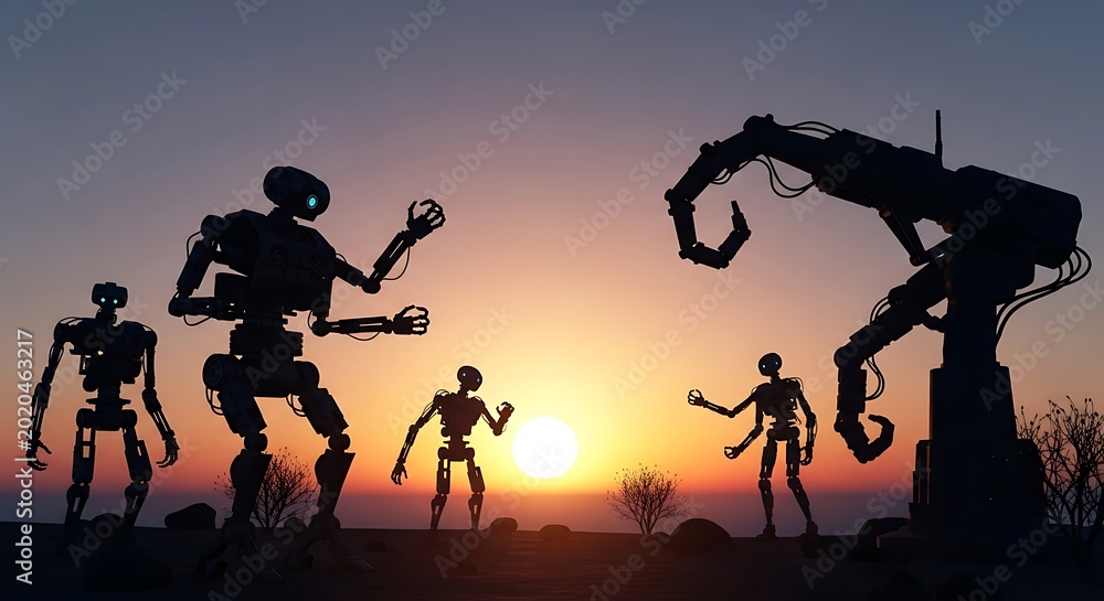 Fototapeta premium Robots silhouetted against sunset.