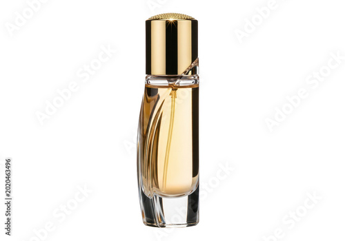 Elegant golden perfume bottle with a sleek and modern design