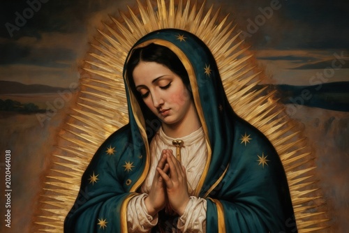 Oil painting shows Virgin Mary wearing blue cloak adorned with stars. Hands clasped in prayer beneath radiant golden halo. Lady of Guadalupe icon.