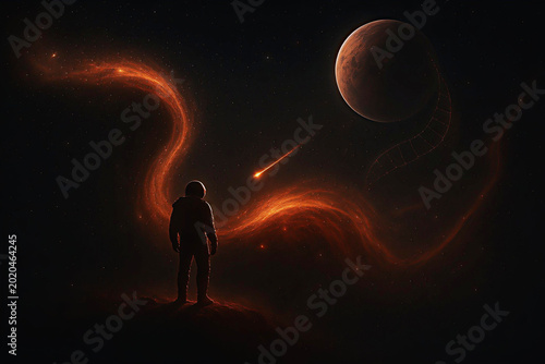 Astronaut Contemplating a Cosmic Nebula and Falling Meteor in Deep Space