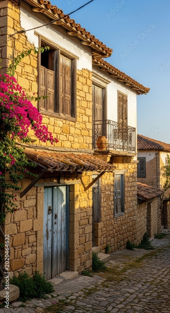 Fototapeta premium Traditional stone houses with wooden shutters and vibrant bougainvillea in a charming Greek village alleyway under a clear sky.