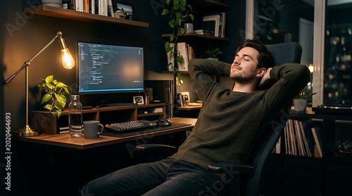 Serene Moment of Relaxation: A relaxed man with arms behind his head sits in an office chair, enjoying a moment of contemplation, the soft glow of a desk lamp enhancing the peaceful atmosphere. 