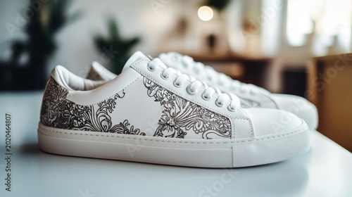 Stylish White Sneakers with Intricate Floral Design