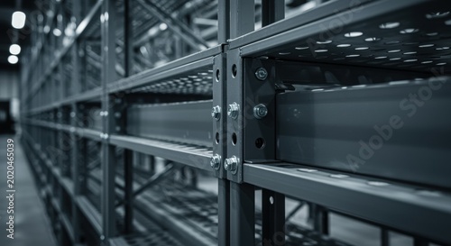 Metal warehouse rack storage shelves in industrial facility with empty steel beams