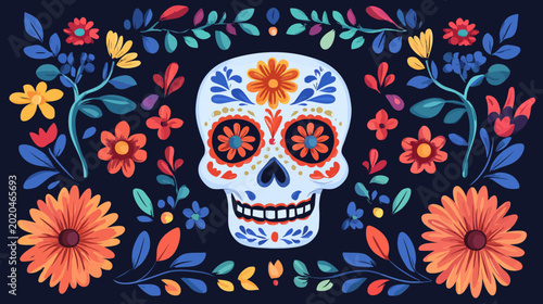 Colorful sugar skull with floral designs surrounded by vibrant flowers