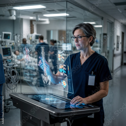 Healthcare Professional Using Futuristic AI Medical Interface