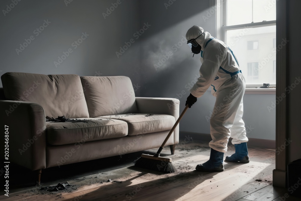 Fototapeta premium Person wears protective suit, gas mask cleans soot, debris from room floor with broom. Damaged sofa sits nearby in darkened interior after fire smoke event. Restoration worker starts cleanup process.