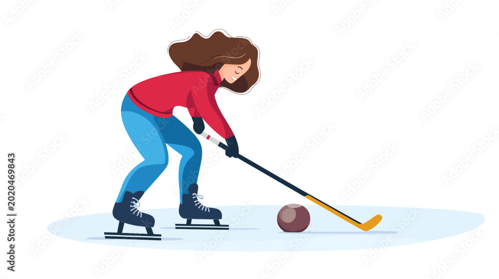 Obraz premium Woman in red jacket and blue jeans playing ice hockey outdoors