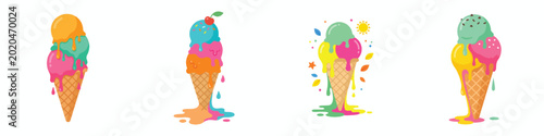 A simple flat design of a melting ice cream cone with three colorful scoops, vibrant summer vibes, no outline, plain white background.