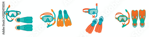  simple flat design of a snorkel mask and flippers, vibrant teal and orange, no outline, modern aesthetic, plain white background.