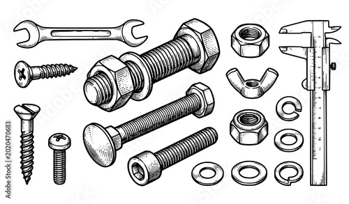 Cuadro en lienzo Vintage Screw Bolt and Nut Engraving Vector Illustration for Industrial Hardware