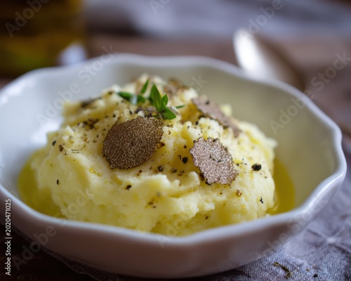 Close up of creamy mashed potatoes with truffle slices and fresh herbs in a white bowl with a drizzle of oil