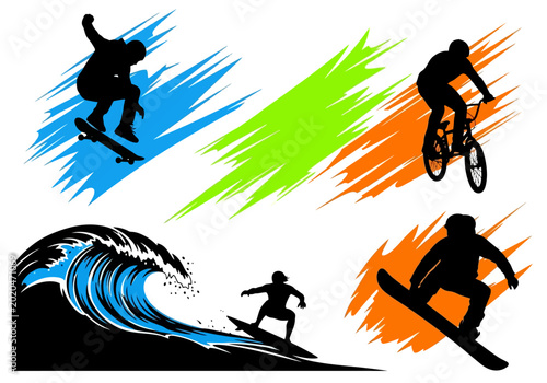 Set of extreme sports silhouettes featuring skateboarding surfing biking and snowboarding.