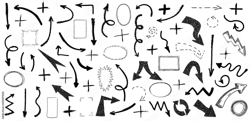Fototapeta premium Set of black grunge doodle hand drawn arrows, plus signs and border frames isolated on white background. Sketch style ink symbols collection. Vector illustration