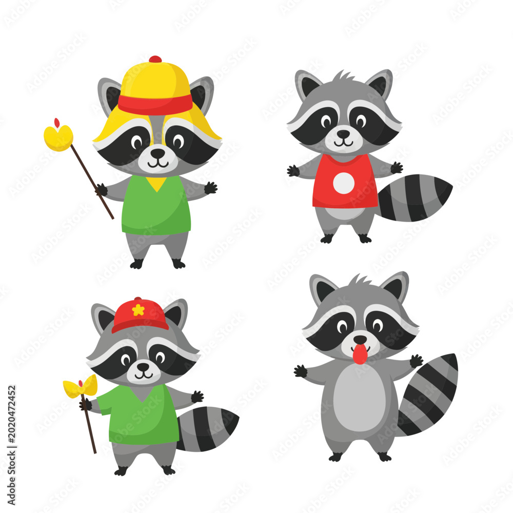 Fototapeta premium Cute Raccoons Cartoon Characters Set - Adorable Animals Collection