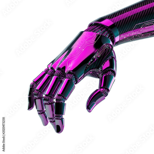 Macro 3d render of an iridescent, metallic chrome cyborg hand with glowing circuitry and pink/purple holographic reflections, posed elegantly against a white void background. Futuristic technology
