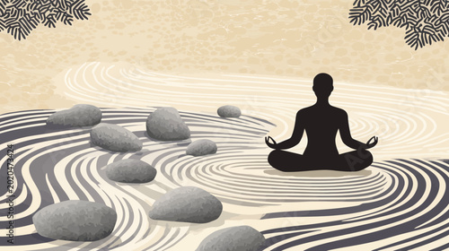 Person meditating on a minimalistic, stylized Zen garden with rocks