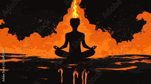 Silhouette of a person meditating on water near fire, black night
