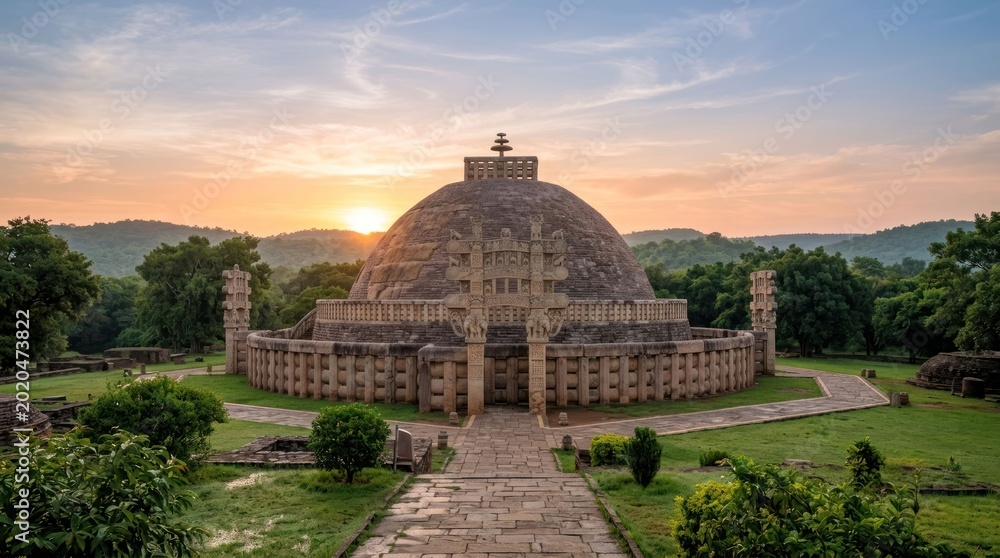 Obraz premium Ancient Buddhist Stupa at Sanchi India at Sunrise.