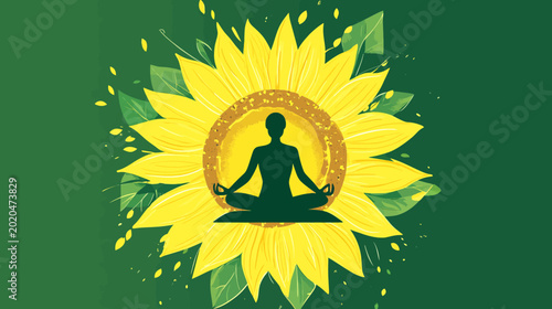 Silhouette of person meditating within sunflower and green leaves Illustration