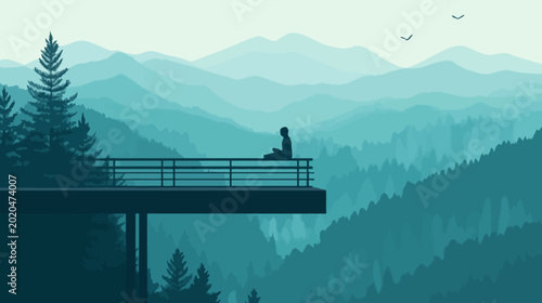 Silhouette of a person sitting on a deck overlooking misty mountain range