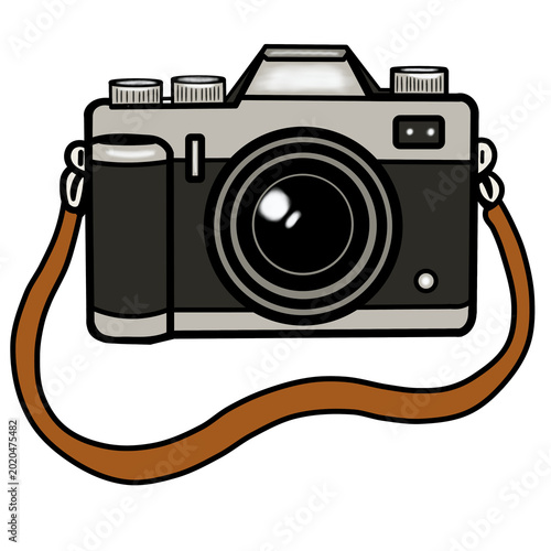 A stylized hand-drawn illustration of a silver and black analog SLR camera featuring a large lens and a brown leather strap against a plain transparent background.
