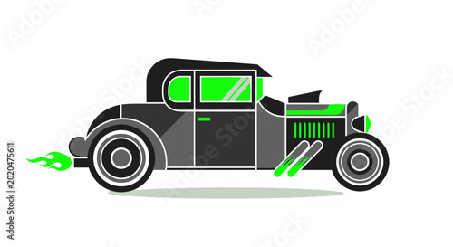 Foto Retro Hot Rod Car with Green Flames and Accents