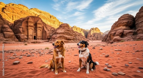 Two Dogs Posing in Front of Ancient Desert Ruins.