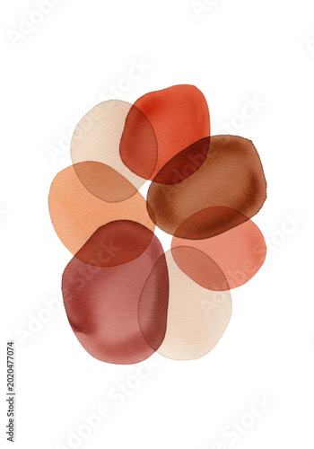 Abstract watercolor composition: fluid organic shapes in rich terracotta and sienna earth pigments on textured paper, isolated on vast white copy space. Concept of sophisticated minimalism