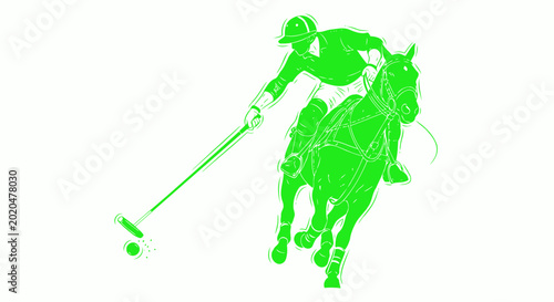 Polo Player Riding Horse and Hitting Ball - Green Line Art