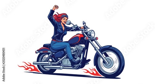 Canvastavla Woman Riding Motorcycle with Flames, Freedom and Adventure