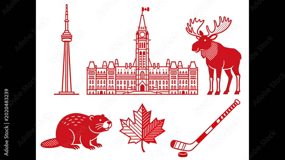 Αυτοκόλλητο A collection of iconic Canadian symbols and landmarks, including the CN Tower, Parliament Building, moose, beaver, maple leaf, and hockey stick, rendered in red outline