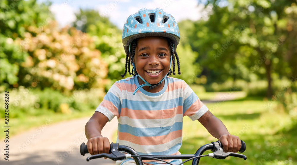 Obraz premium Young Black boy riding a bicycle in a sunny park. Happy child wearing a safety helmet and striped shirt cycling outdoors. Active childhood and healthy lifestyle concept
