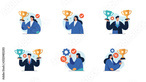 Set of illustrations depicting business people celebrating success and achieving goals with trophies and awards.
