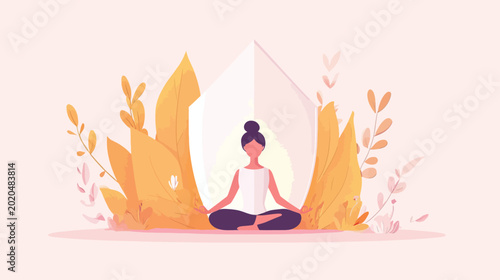 Woman meditating in a stylized autumn natural setting with leaves