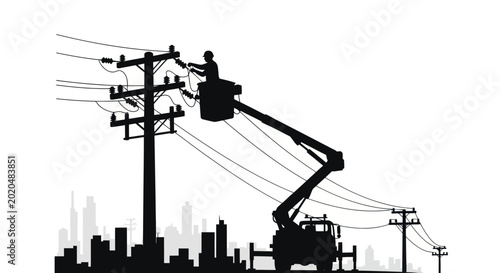Fotografie Electrician working on power lines using cherry picker lift, city skyline silhou