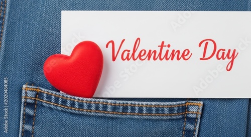 Valentines Day card and red heart in a denim pocket, symbolizing love and affection.