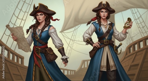 Two female pirates on a ship deck, one holding a map, the other a compass, with sails in the background.