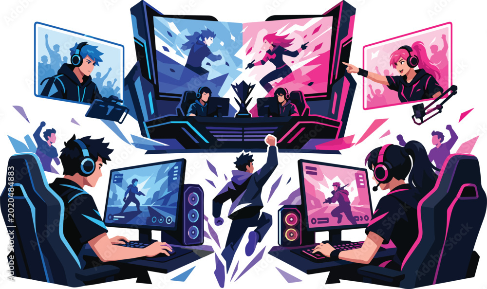 Εκτύπωση καμβά Esports gamers, competitive gaming, futuristic illustration, neon-lit players